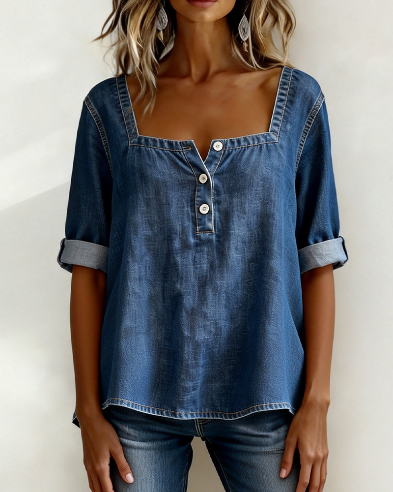 Avélia™ | Denim Shirt with Square Collar
