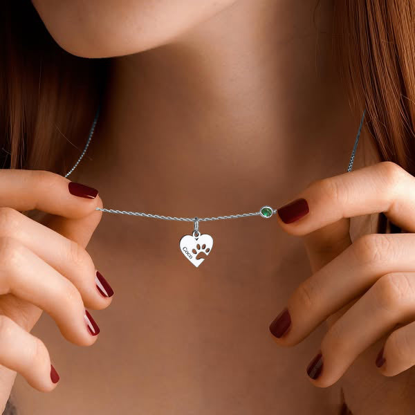 Personalised necklace with paw, heart, and name