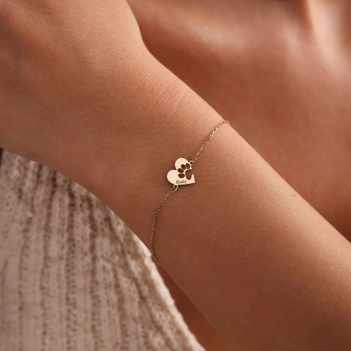 Personalised Bracelet with Paw, Heart, and Name