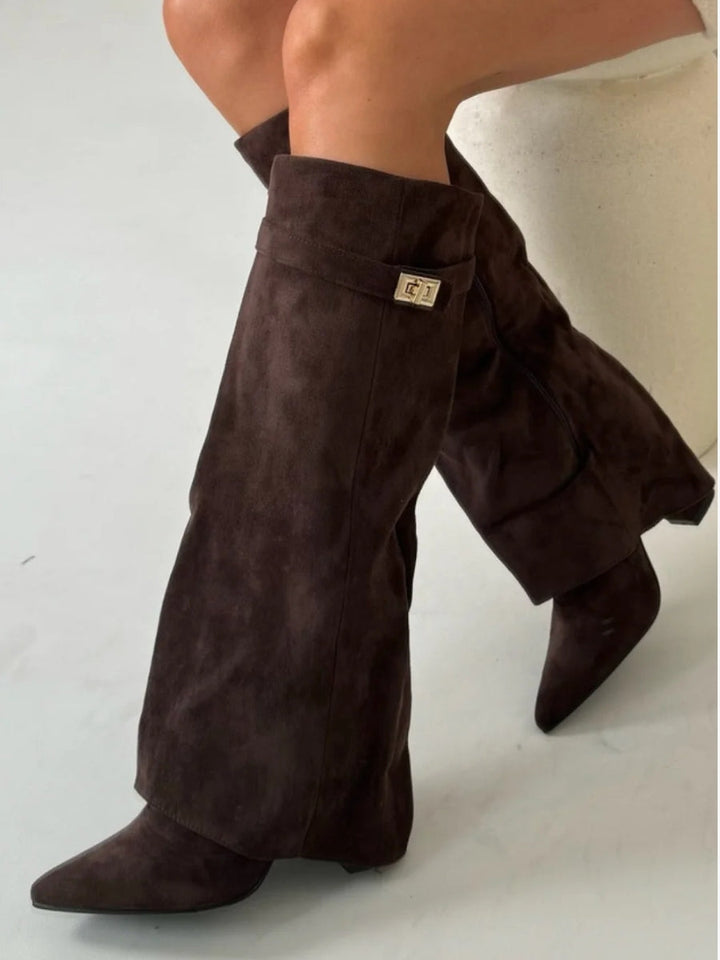Eliza | Luxury Suede Look High Boots With Gold Accent