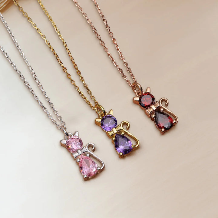 Cat Birthstone Necklace – Colourful Crystal Pendant