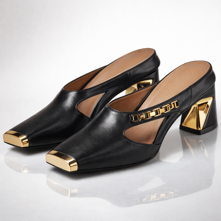 Aurea Gilded Block Heels — Sharp, Sculpted, and Made to Be Worn