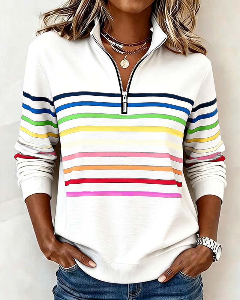 Alora | Rainbow Stripe Casual Quarter-Zip Pullover