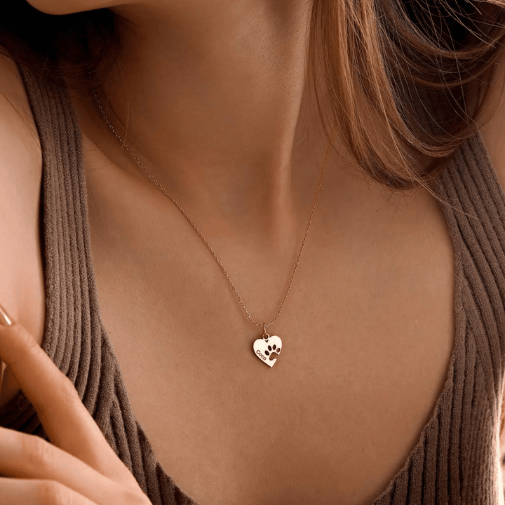 Personalised necklace with paw, heart, and name