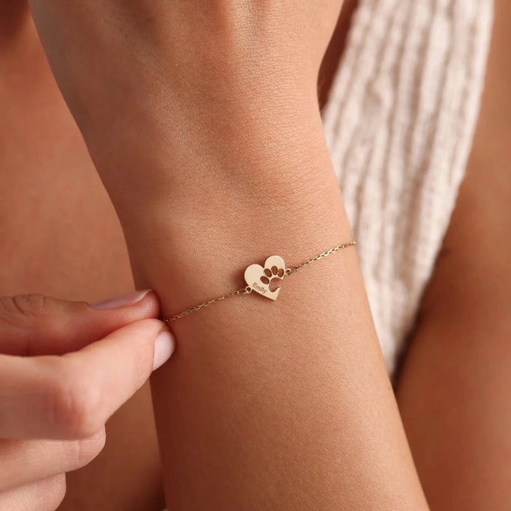 Personalised Bracelet with Paw, Heart, and Name