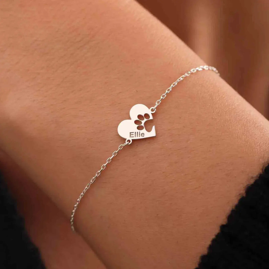 Personalised Bracelet with Paw, Heart, and Name