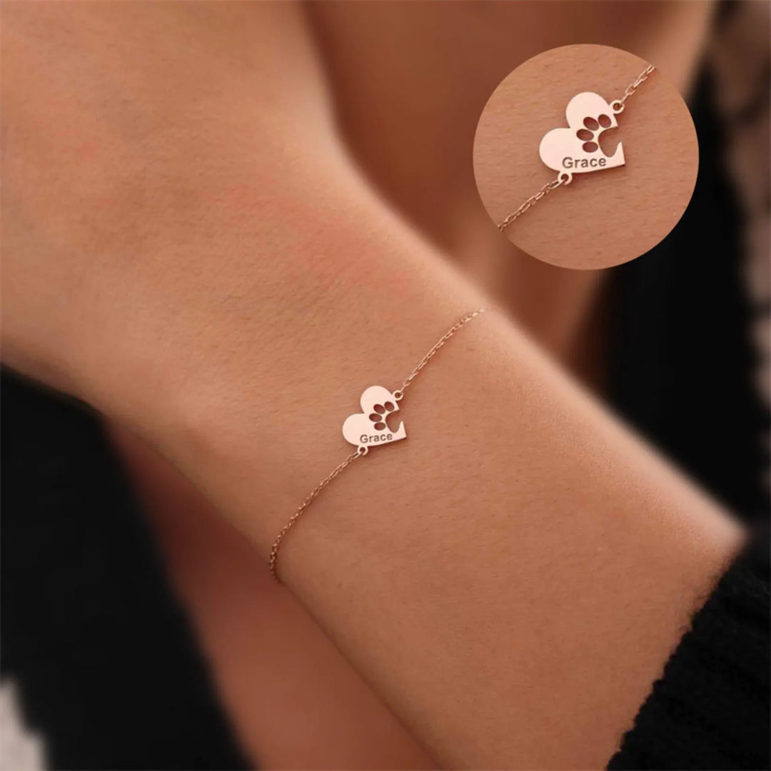 Personalised Bracelet with Paw, Heart, and Name