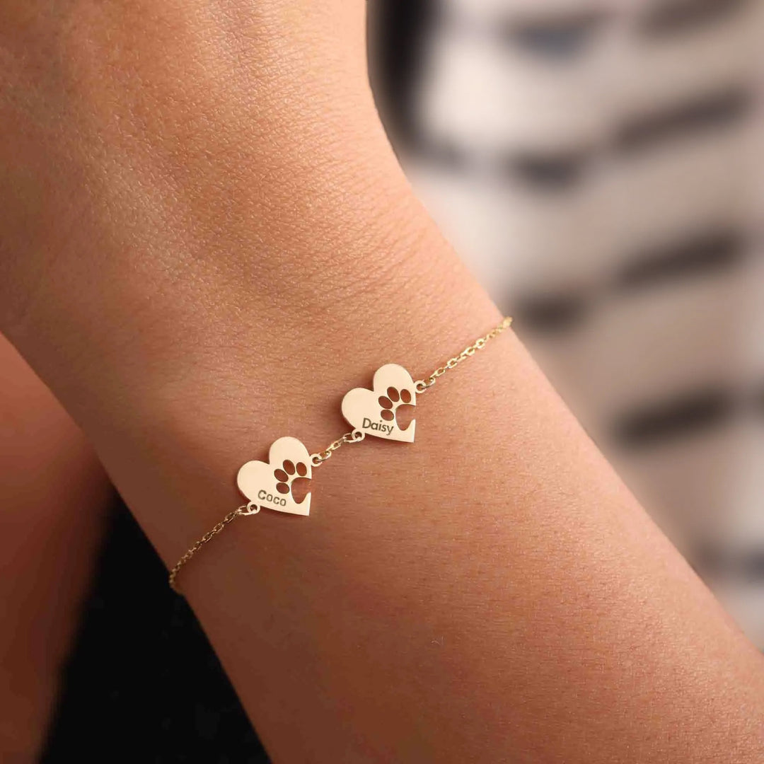Personalised Bracelet with Paw, Heart, and Name
