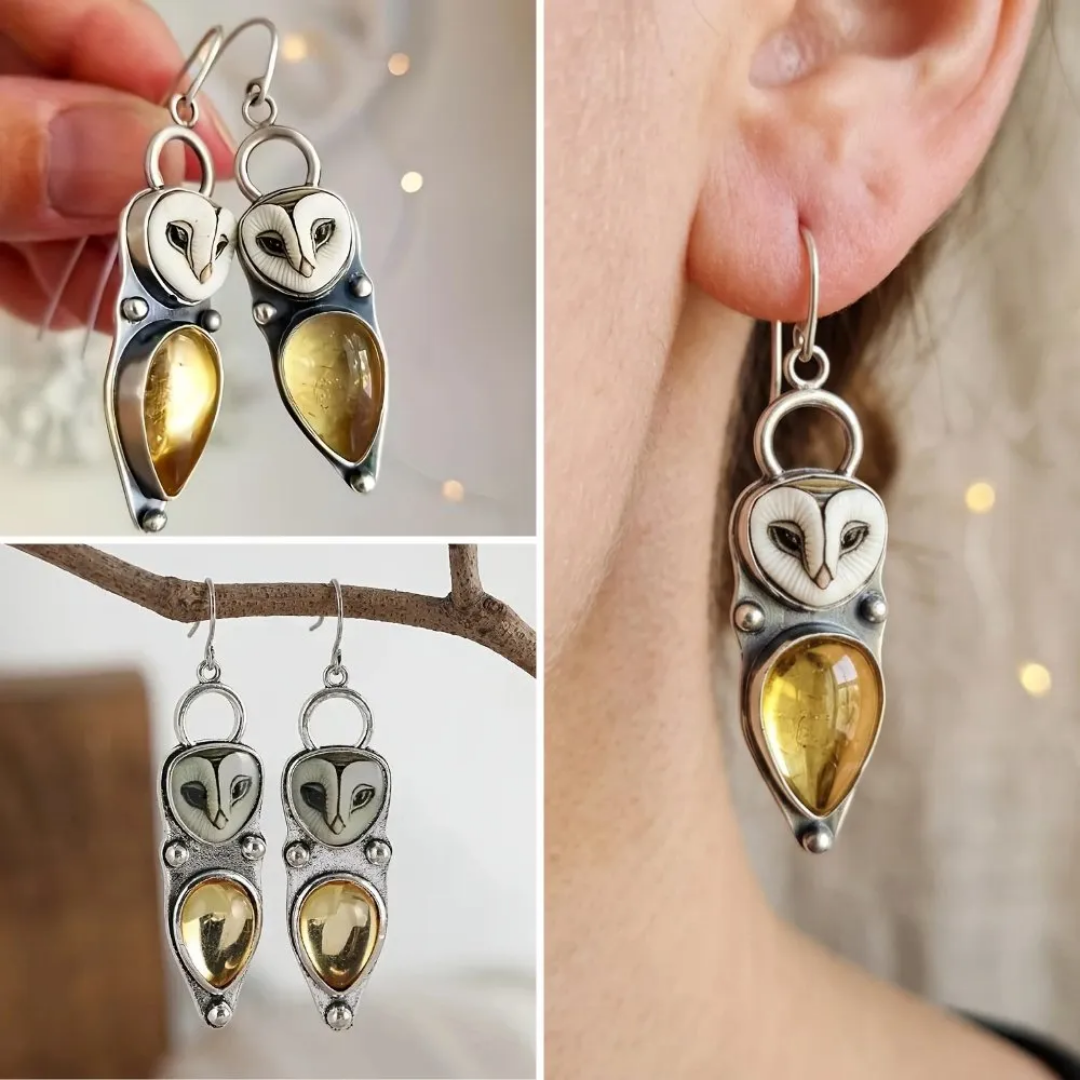 Boho Owl Drop Earrings – Hypoallergenic Silver & Amber Style