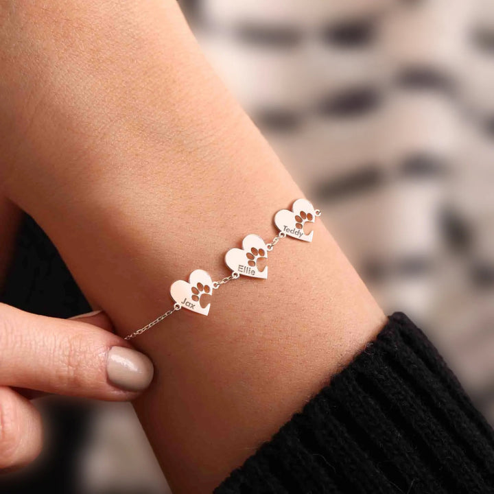 Personalised Bracelet with Paw, Heart, and Name