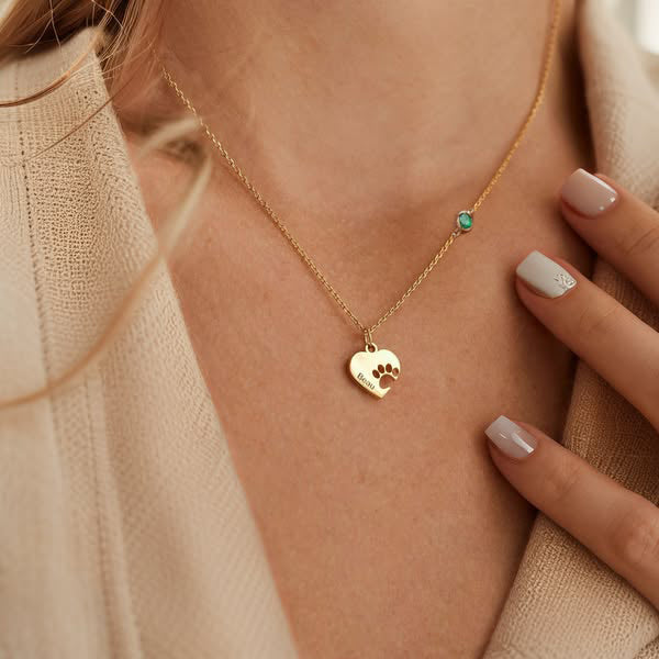 Personalised necklace with paw, heart, and name
