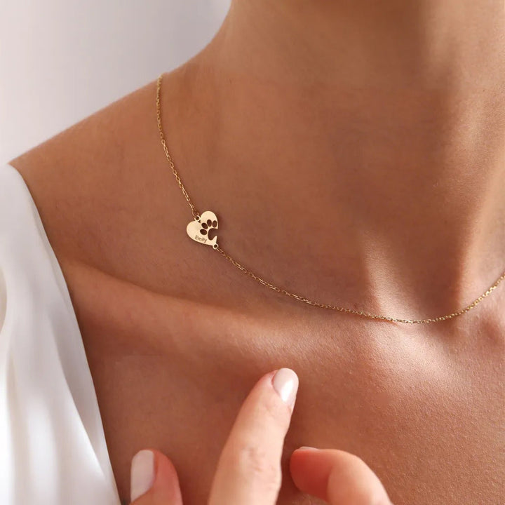 Personalised necklace with paw, heart, and name