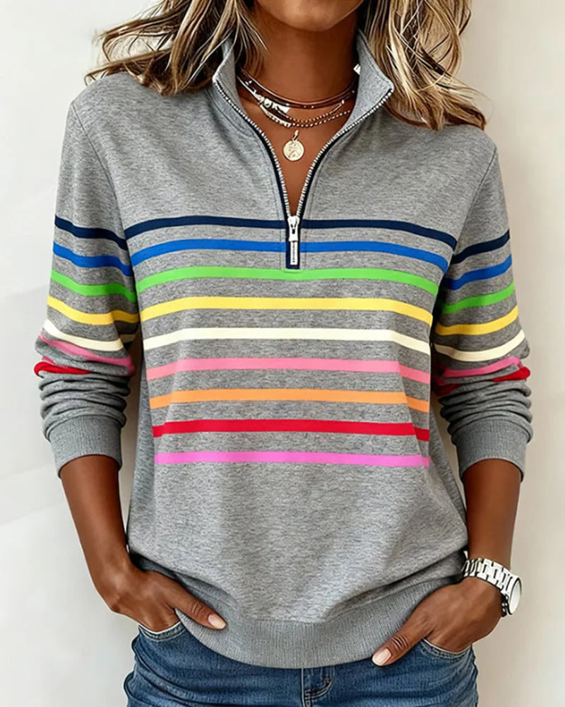 Alora | Rainbow Stripe Casual Quarter-Zip Pullover