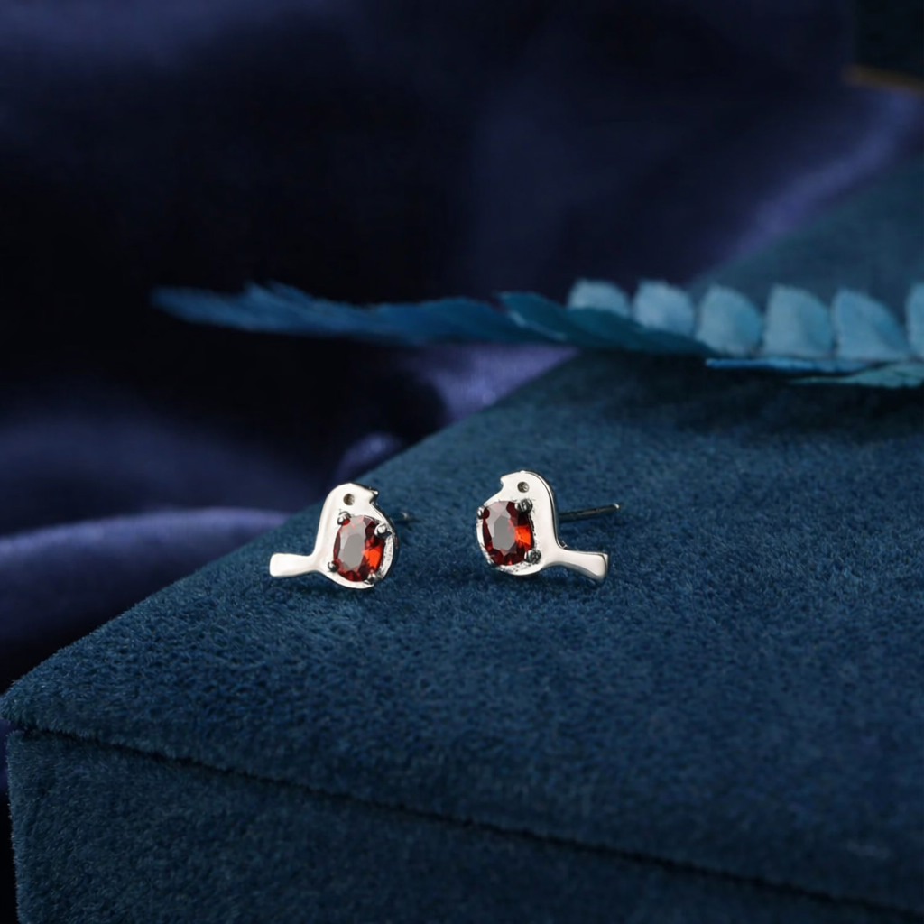 Bird Stud Earrings in Sterling Silver with Ruby Red Crystal