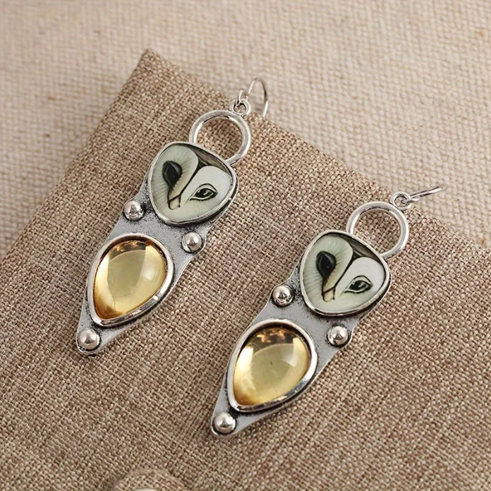 Boho Owl Drop Earrings – Hypoallergenic Silver & Amber Style