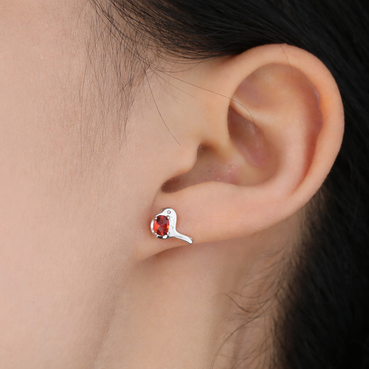 Bird Stud Earrings in Sterling Silver with Ruby Red Crystal
