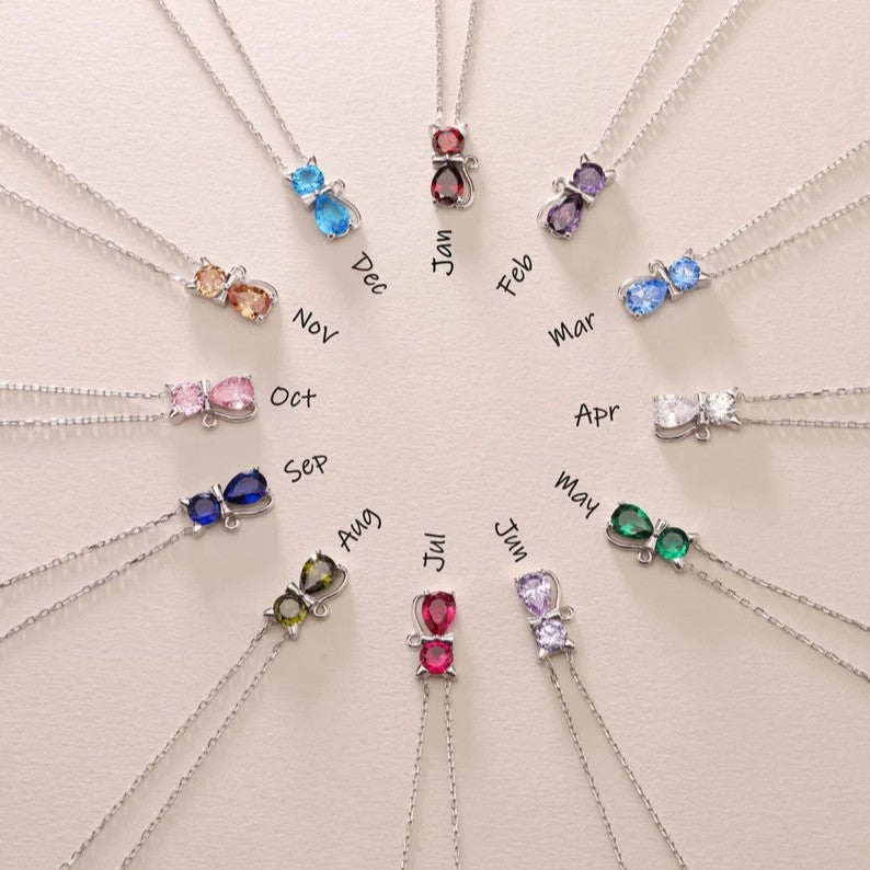 Cat Birthstone Necklace – Colourful Crystal Pendant