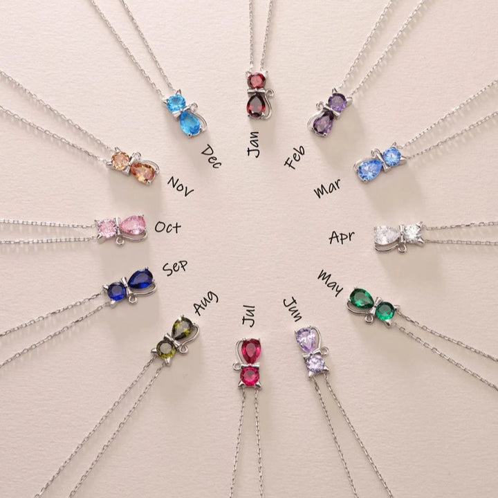 Cat Birthstone Necklace – Colourful Crystal Pendant