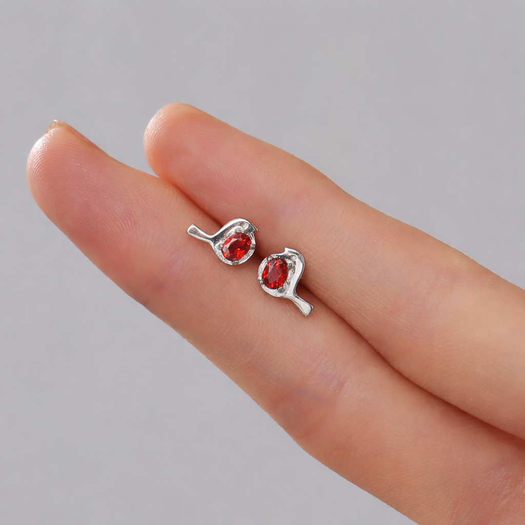 Bird Stud Earrings in Sterling Silver with Ruby Red Crystal