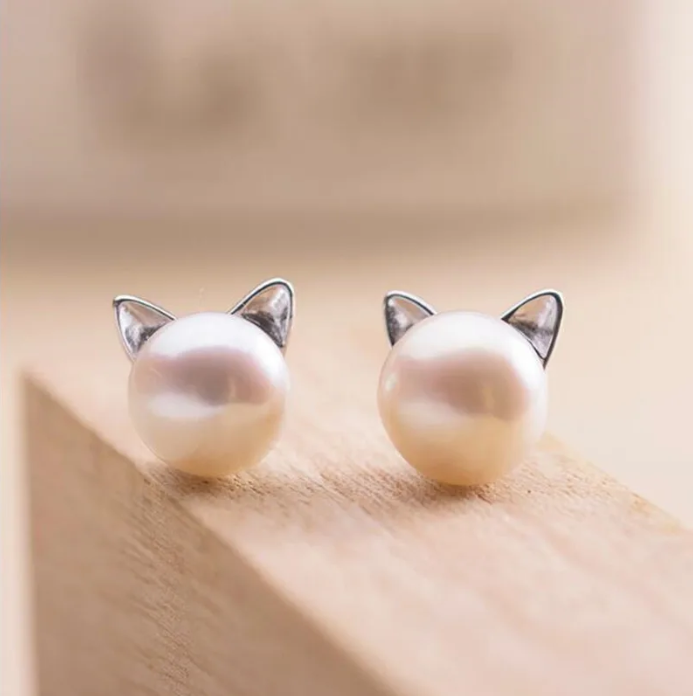 Sterling Silver Cat Pearl Stud Earrings – Cute & Elegant