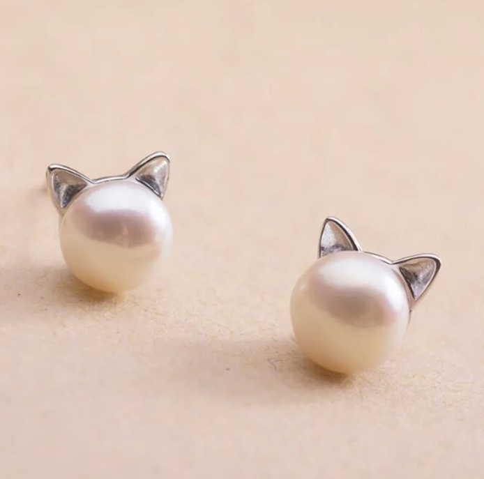 Sterling Silver Cat Pearl Stud Earrings – Cute & Elegant