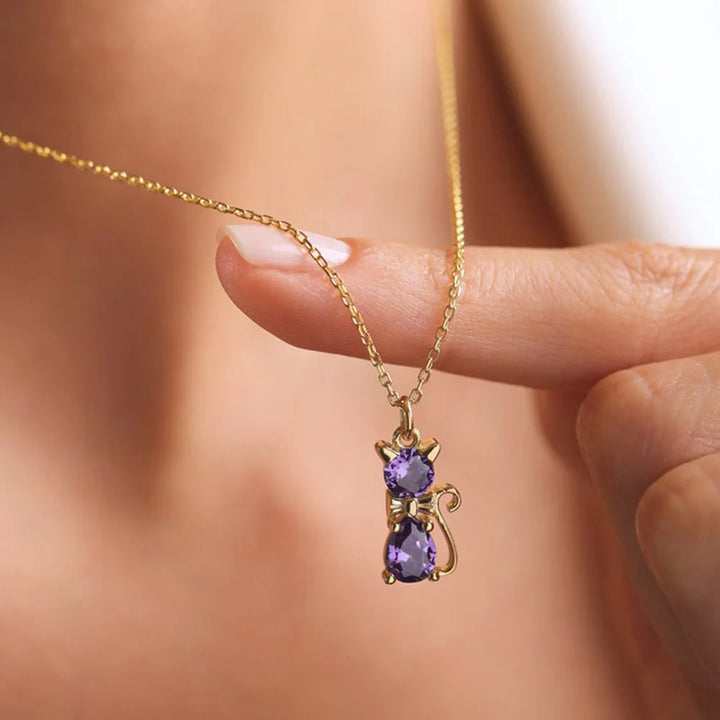 Cat Birthstone Necklace – Colourful Crystal Pendant