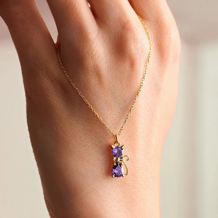 Cat Birthstone Necklace – Colourful Crystal Pendant