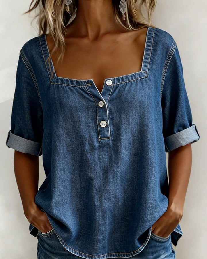 Avélia™ | Denim Shirt with Square Collar