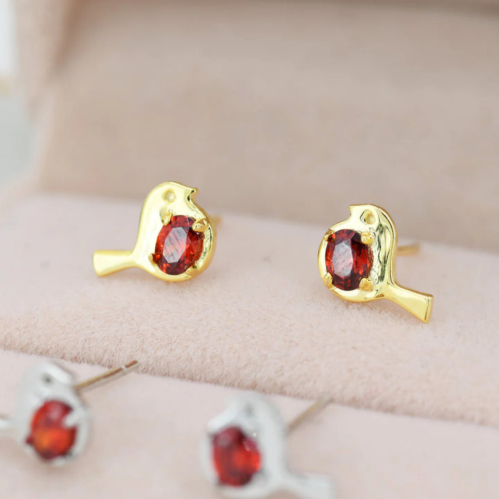 Bird Stud Earrings in Sterling Silver with Ruby Red Crystal