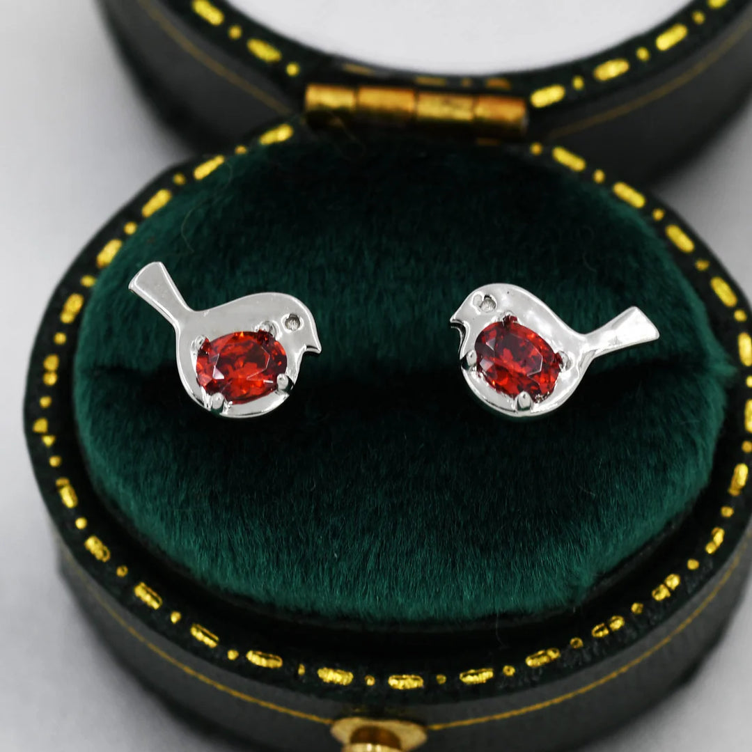 Bird Stud Earrings in Sterling Silver with Ruby Red Crystal
