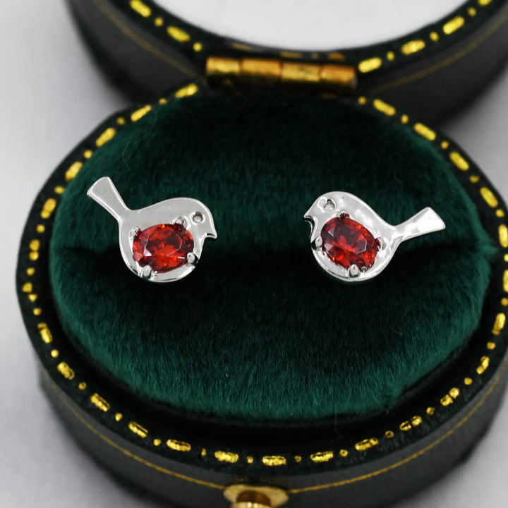 Bird Stud Earrings in Sterling Silver with Ruby Red Crystal