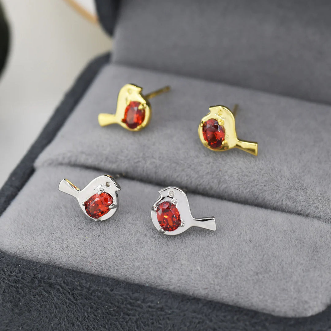 Bird Stud Earrings in Sterling Silver with Ruby Red Crystal