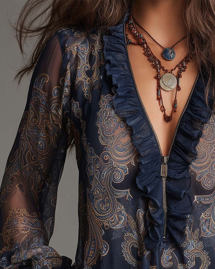 Katie™ | Elegant Blouse with Half-Zip and Ruffles