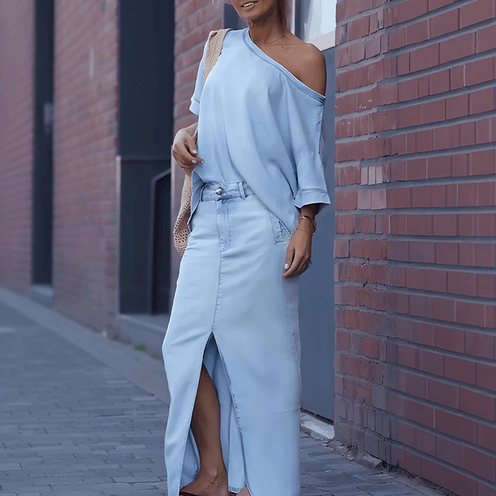 NOVAE | Diagonal shoulder top with split denim maxi skirt