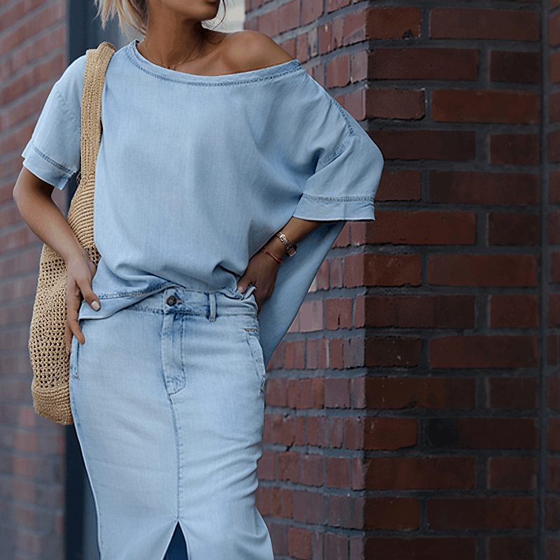 NOVAE | Diagonal shoulder top with split denim maxi skirt