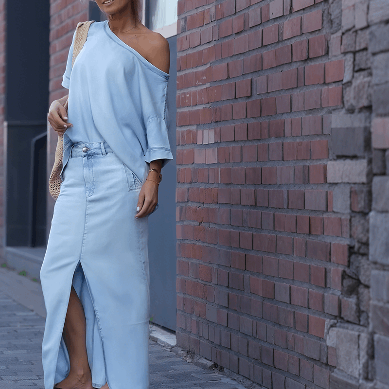 NOVAE | Diagonal shoulder top with split denim maxi skirt