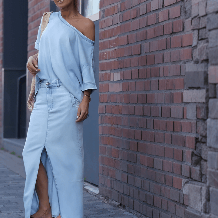 NOVAE | Diagonal shoulder top with split denim maxi skirt