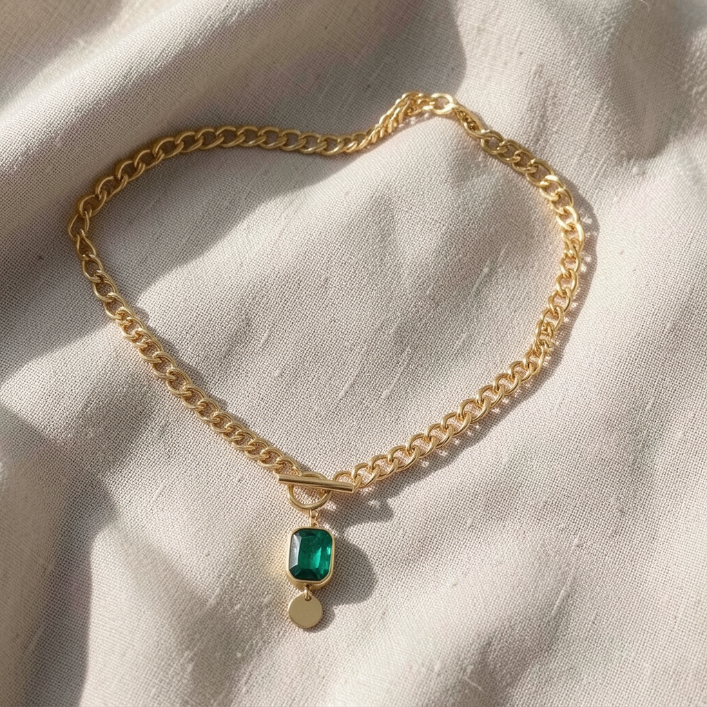 Chunky Chain Emerald Pendant Necklace | Gold