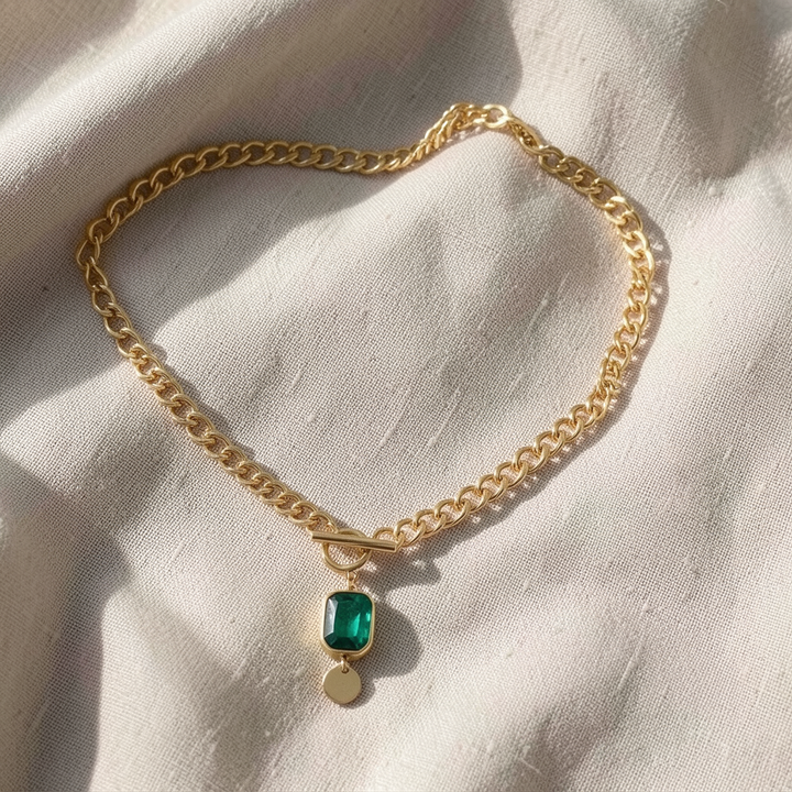 Chunky Chain Emerald Pendant Necklace | Gold