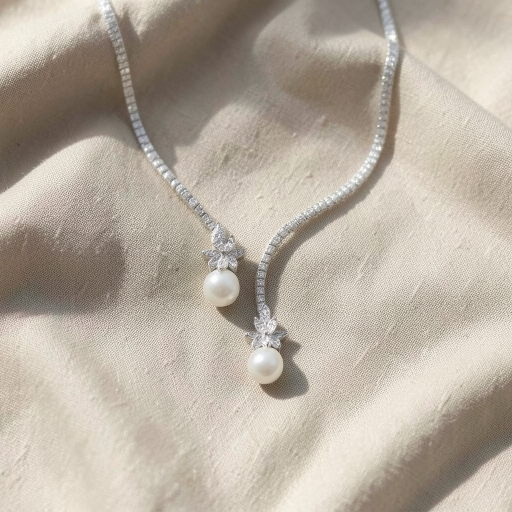 Elegant shiny necklace with pearls made of sterling silver