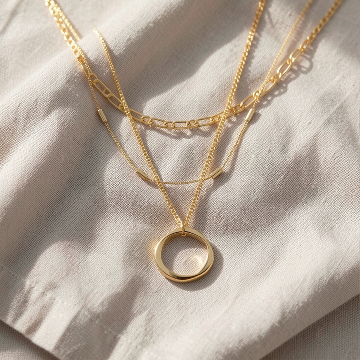 Open Circle Three Row Necklace | Gold