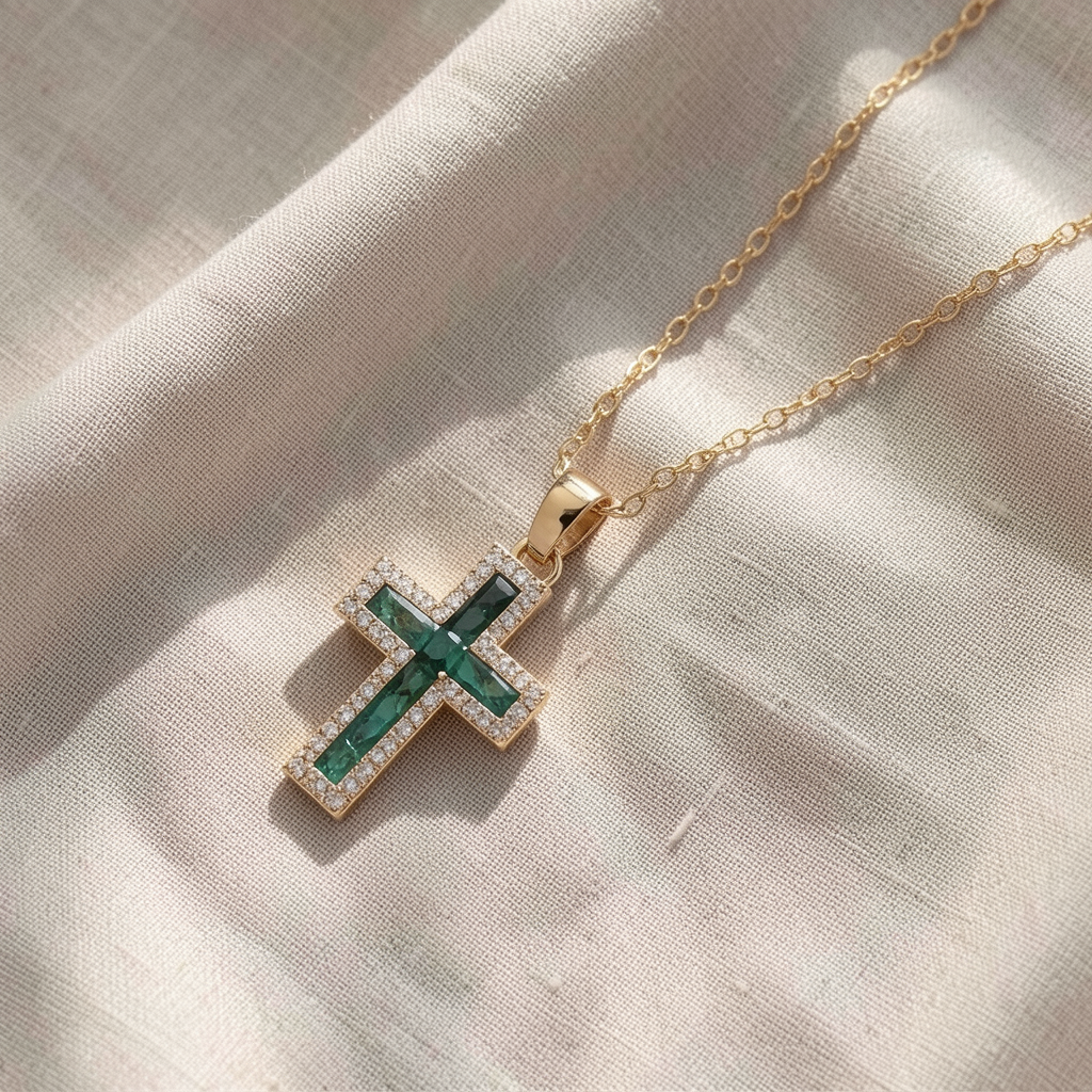 Solene Emerald Cross Pendant Gold Necklace